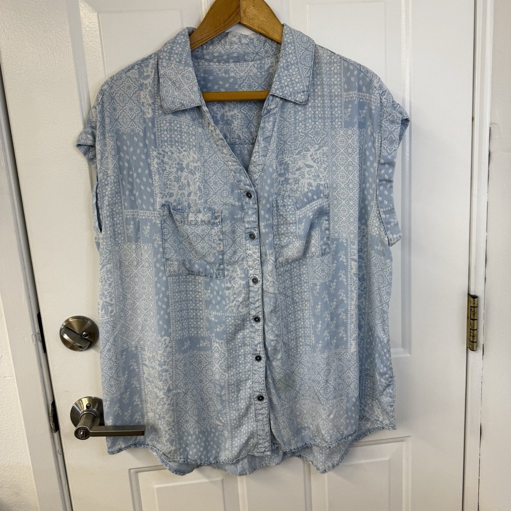 Unbranded Chambray Short Sleeve Bandanna Print Button Front Shirt Sz 2XL See Pic